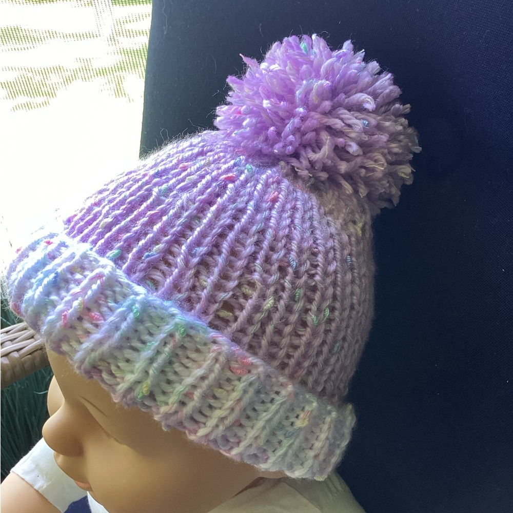 Baby Hat Hand Crafted Purple Knit Pom-Pom Beanie - Picture 6 of 13